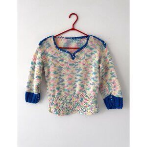 vintage colorful rainbow granny cozy hand knit fitted cropped sweater small